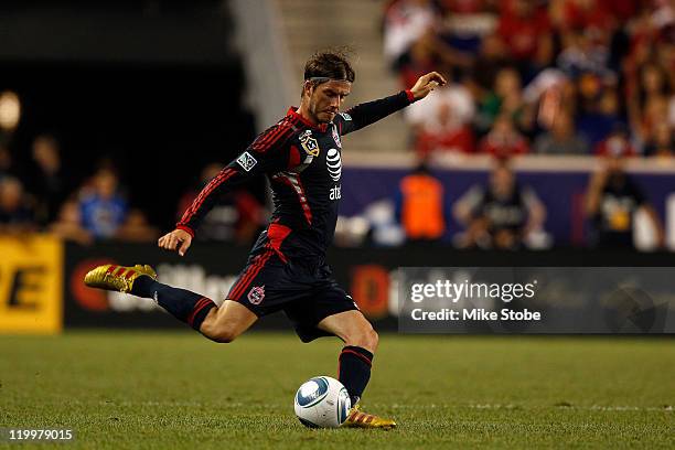 David Beckham of the MLS All-Stars in action against the Manchester United during the second half of the MLS All-Star Game at Red Bull Arena on July...