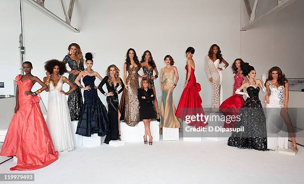 Miss Universe Organization President Paula Shugart and Miss Tanzania 2007 Flaviana Matata, Miss France 2009 Chloe Mortaud, Miss Ireland 2010 Rosanna...