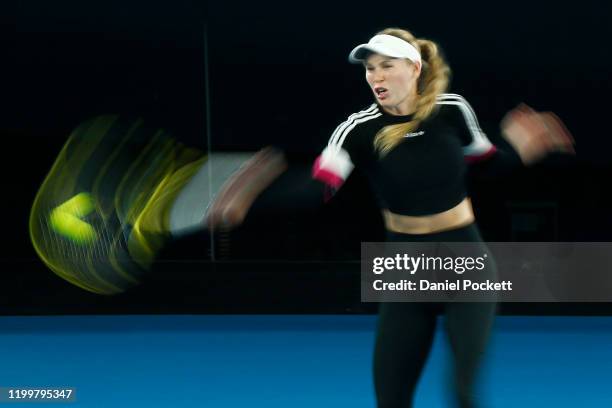 Caroline Wozniacki of Denmark practices ahead of the 2020 Australian Open at Melbourne Park on January 16, 2020 in Melbourne, Australia.