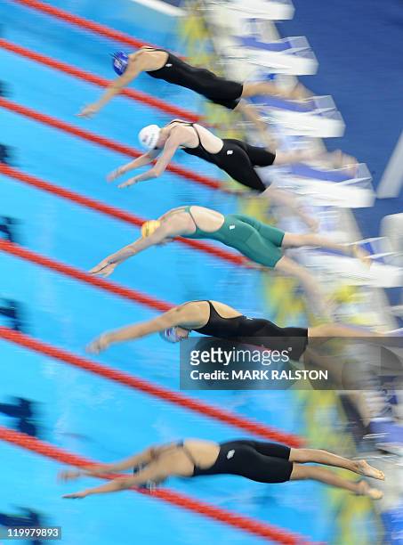 Britain's Joanne Jackson, US swimmer Melissa Franklin, Australia's Angie Bainbridge, Russia's Veronika Popova and Mexico's Susana Escobar Charetzeni...