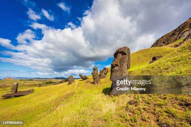 rapa nui rano raraku moai statues easter island - ilha de páscoa imagens e fotografias de stock