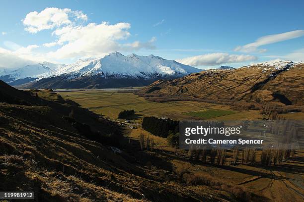 View of rural farmland from the Southern Alps on July 28, 2011 in Wanaka, New Zealand.