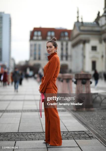 Anna Schürrle wearing Nobi Talai overall and Hermes bag during the Berlin Fashion Week Autumn/Winter 2020 on January 14, 2020 in Berlin, Germany.