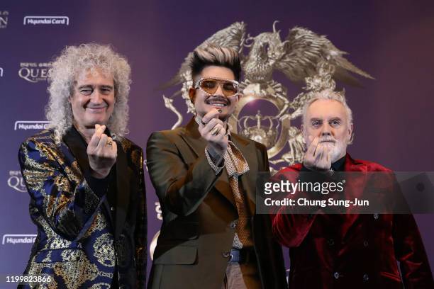 Brian May of Queen, Adam Lambert and Roger Taylor of Queen attend the press conference ahead of the Rhapsody Tour at Conrad Hotel on January 16, 2020...