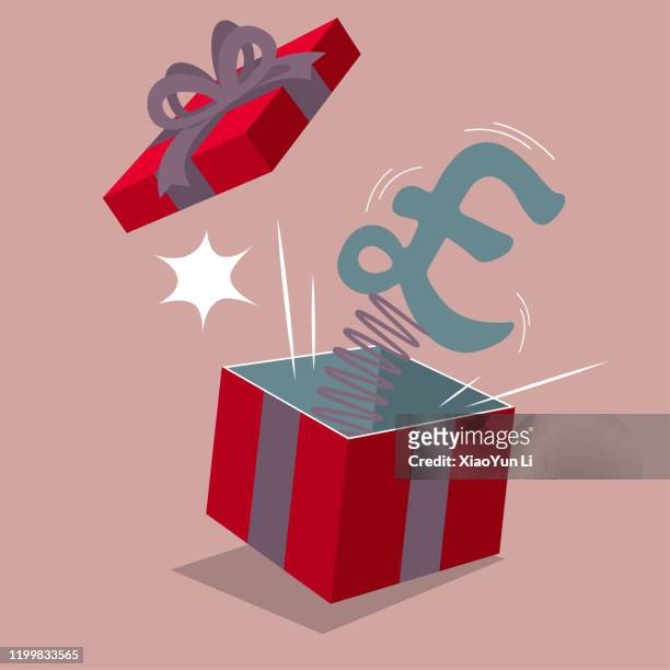 pound symbol popping out of a gift box. isolated on brown background. - british currency stock illustrations