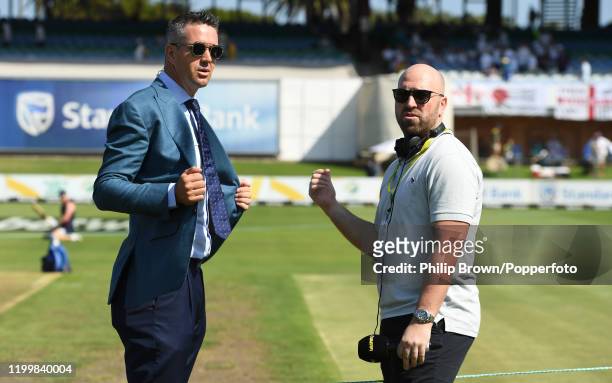 Kevin Pietersen speaks to Matt Prior of Talksport before Day One of the Third Test between England and South Africa on January 16, 2020 in Port...