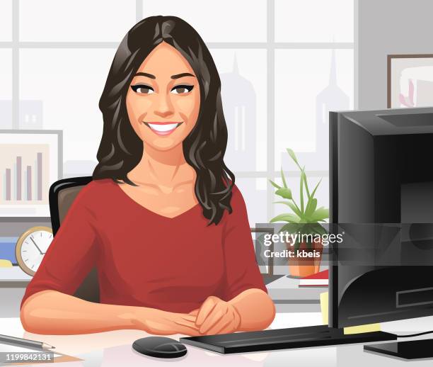 junge geschäftsfrau sitzt an ihrem schreibtisch im büro - black hair stock-grafiken, -clipart, -cartoons und -symbole