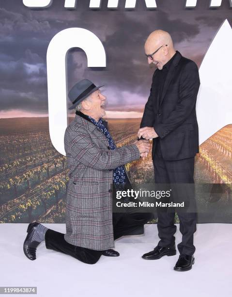 Sir Ian McKellen and Sir Patrick Stewart attend the "Star Trek Picard" UK Premiere at Odeon Luxe Leicester Square on January 15, 2020 in London,...