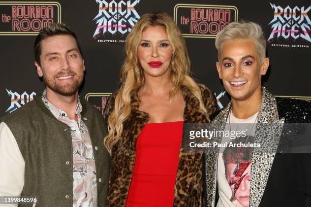 Lance Bass, Brandi Glanville and Frankie Grande attend the opening night of "Rock Of Ages" at The Bourbon Room on January 15, 2020 in Hollywood,...