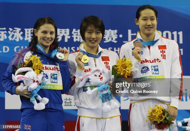 Gold medalist Liuyang Jiao of China poses with silver medalist Ellen Gandy of Great Britain and bronze medalist Zige Liu of China after the Women's...