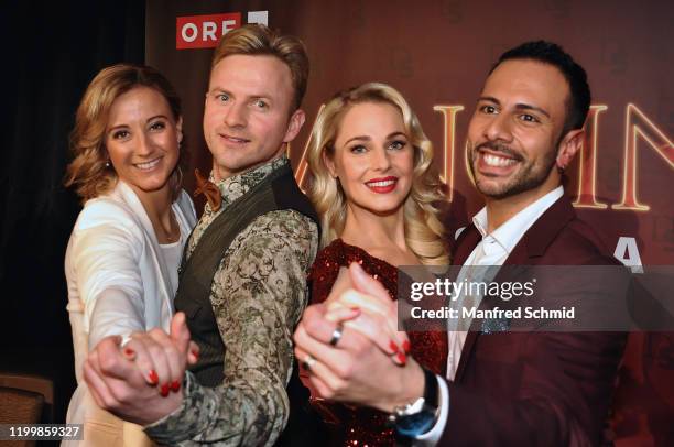 Michaela Kirchgasser, Willi Gabalier, Silvia Schneider and Danilo Campisi pose during the "Dancing Stars" kick-off event at Ballsaal Wien on February...