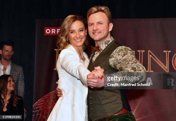 Michaela Kirchgasser and Willi Gabalier pose during the "Dancing Stars" kick-off event at Ballsaal Wien on February 10, 2020 in Vienna, Austria.