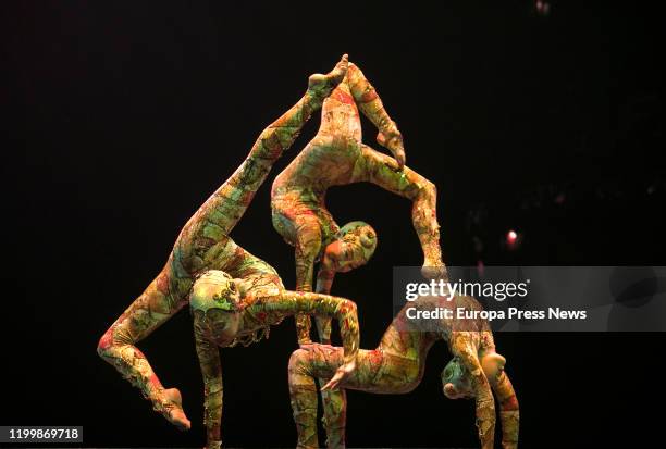 Acrobats of 'Kooza' by Cirque Du Soleil dress rehearsal on January 15, 2020 in Seville, Spain.