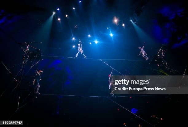 Acrobats of 'Kooza' by Cirque Du Soleil dress rehearsal on January 15, 2020 in Seville, Spain.