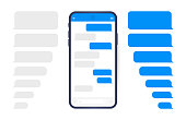 Smart Phone with messenger chat screen. Sms template bubbles for compose dialogues. Modern vector illustration flat style