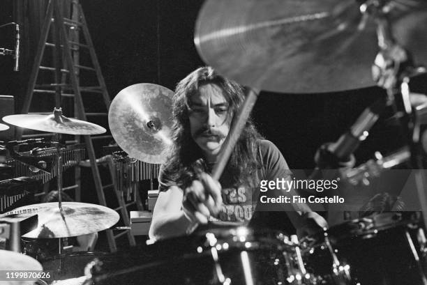 Drummer and lyricist Neil Peart of Canadian progressive rock group, Rush, soundchecking at the Public Auditorium in Cleveland, Ohio, 17th December...