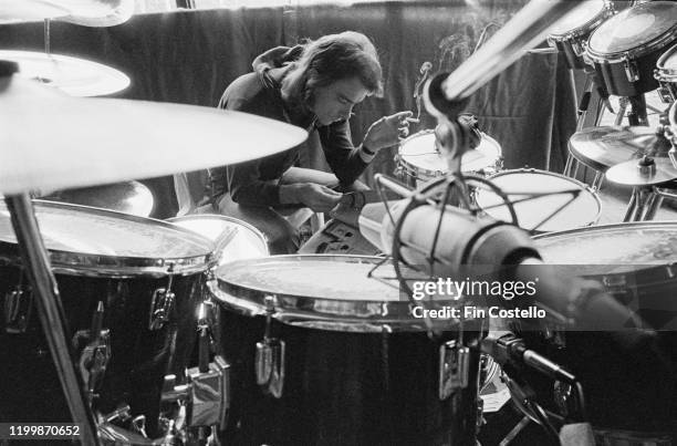 Drummer and lyricist Neil Peart of Canadian progressive rock group, Rush, at Le Studio, Morin Heights during the recording of the album, 'Permanent...