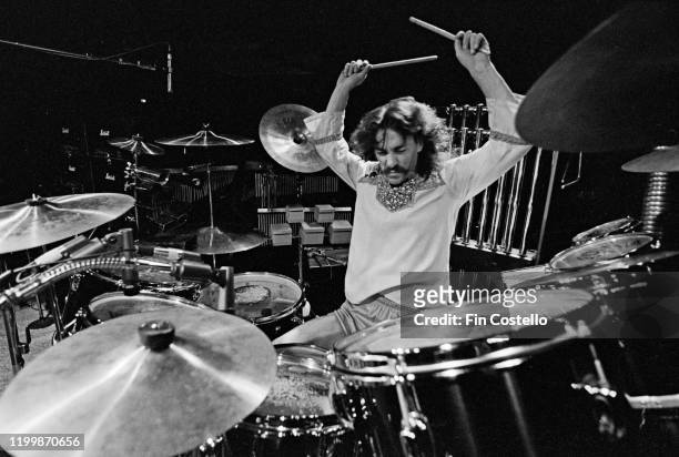 Drummer and lyricist Neil Peart of Canadian progressive rock group, Rush, soundchecking at the Aragon Ballroom in Chicago, Illinois, 20th May 1977....