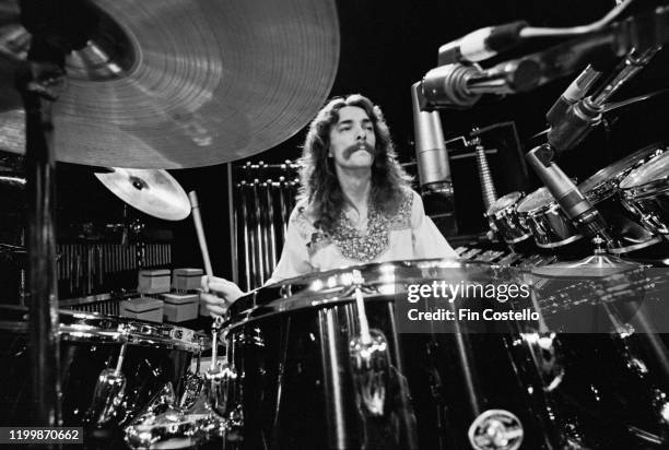 Drummer and lyricist Neil Peart of Canadian progressive rock group, Rush, soundchecking at the Aragon Ballroom in Chicago, Illinois, 20th May 1977....