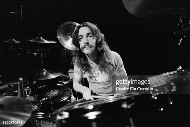 Drummer and lyricist Neil Peart of Canadian progressive rock group, Rush, soundchecking at Memorial Coliseum, Fort Wayne, Indiana, 14th April 1977....