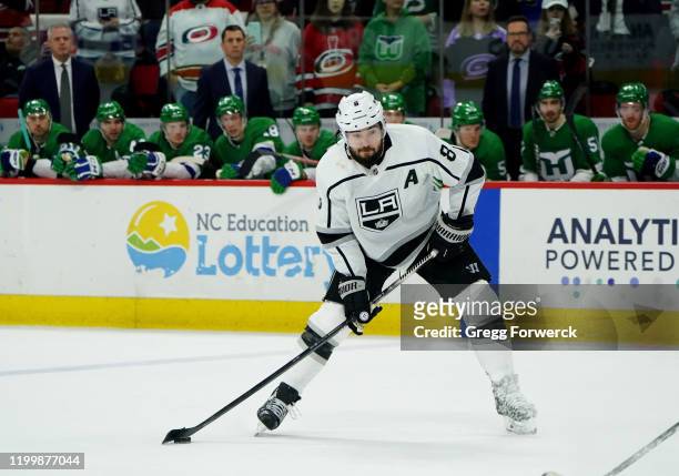 Drew Doughty of the Los Angeles Kings looks to shoot the puck during an NHL game against he Carolina Hurricanes on January 11, 2020 at PNC Arena in...