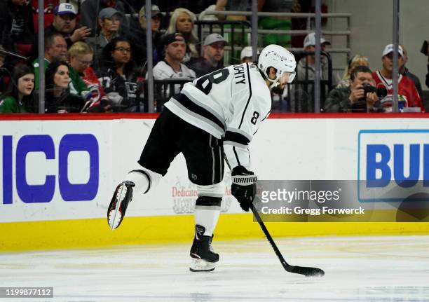 Drew Doughty of the Los Angeles Kings prepares to shoot the puck during an NHL game against the Carolina Hurricanes on January 11, 2020 at PNC Arena...