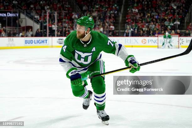 Jaccob Slavin of the Carolina Hurricanes skates for position on the ice during an NHL game against the Los Angeles Kings on January 11, 2020 at PNC...