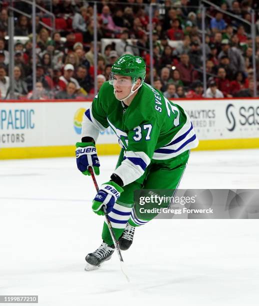 Andrei Svechnikov of the Carolina Hurricanes shoots the puck during an NHL game against the Los Angeles Kings on January 11, 2020 at PNC Arena in...