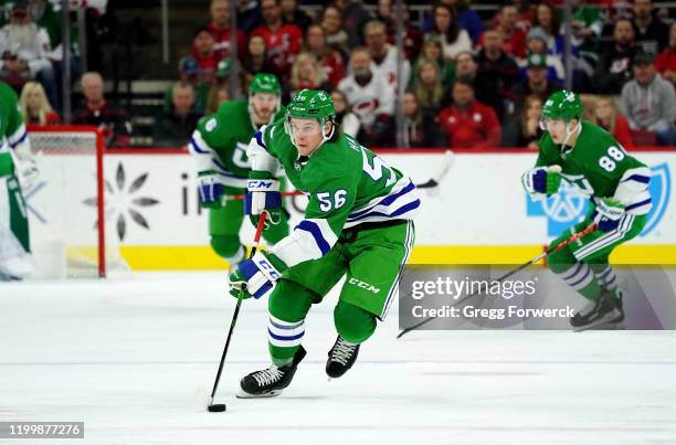 Erik Haula of the Carolina Hurricanes skates with the puck during an NHL game against the Los Angeles Kings on January 11, 2020 at PNC Arena in...