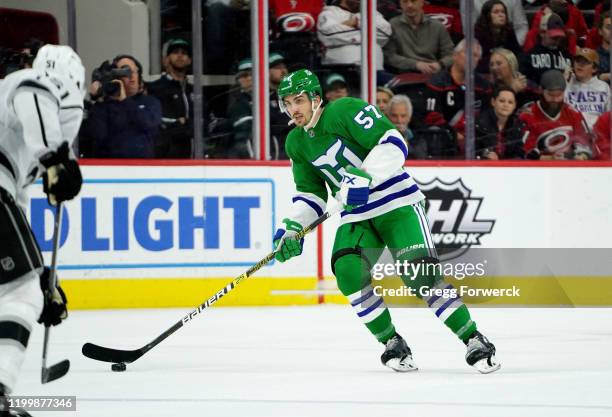 Trevor van Riemsdyk of the Carolina Hurricanes skates with the puck during an NHL game against the Los Angeles Kings on January 11, 2020 at PNC Arena...