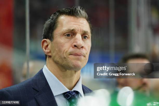 Head coach Rod Brind'Amour of the Carolina Hurricanes watches action on the ice during an NHL game against the Los Angeles Kings on January 11, 2020...