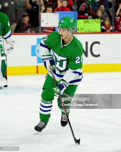 Sebastian Aho of the Carolina Hurricanes skates during warmups prior an NHL game against the Los Angeles Kings on January 11, 2020 at PNC Arena in...