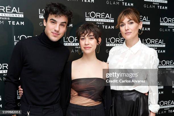 Actor Mario Casas, actress Greta Fernandez and actress Marta Nieto attend L'Oreal Professionnel presentation at Ramses on January 16, 2020 in Madrid,...