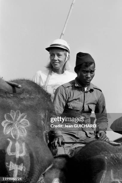 Participante du tournoi de polo à dos d'éléphant organisé par Cartier à Tiger Tops au Népal en décembre 1985.