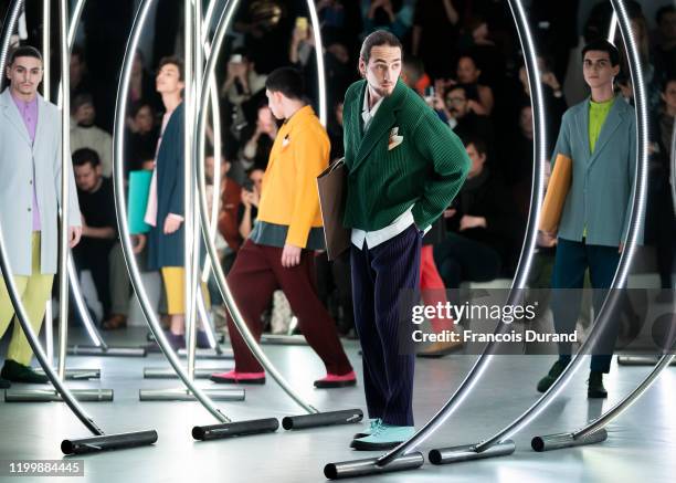 Model walks the runway during the Issey Miyake Men Menswear Fall/Winter 2020-2021 show as part of Paris Fashion Week on January 16, 2020 in Paris,...