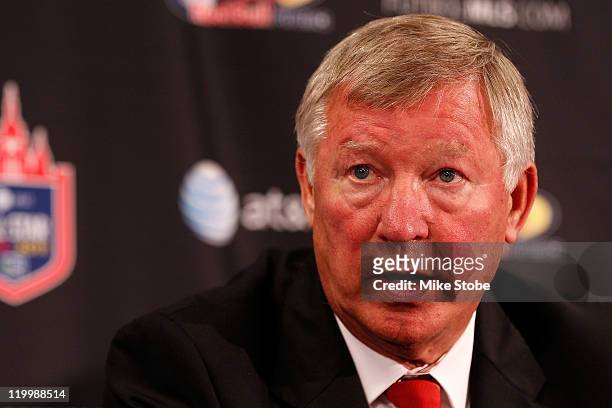 Head Coach Sir Alex Ferguson of the Manchester United is interviewed during a press conference after Manchester United won 4-0 over the MLS All-Stars...
