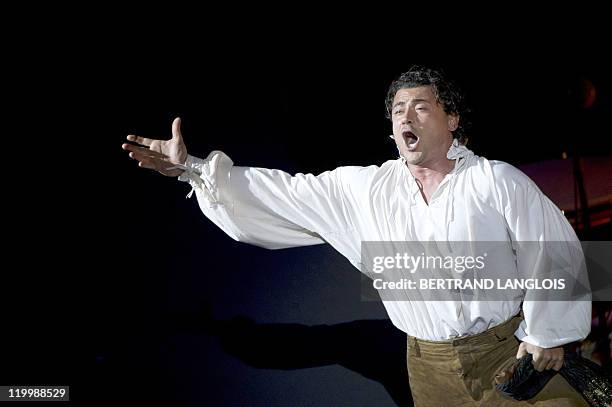 Italian tenor Vittorio Grigolo performs during the rehearsal of Italian Giuseppe Verdi opera 'Rigoletto' directed by Paul-Emile Fourny on July 27 in...