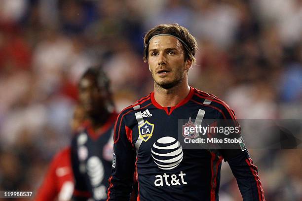 David Beckham of the MLS All-Stars look on while playing against the Manchester United during the second half of the MLS All-Star Game at Red Bull...