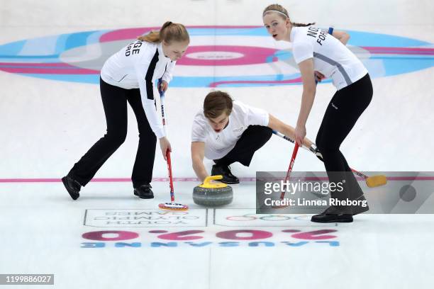 Grunde Buraas of Norway plays a rock in their Mixed Team Finals Gold Medal match in curling against Japan during day 7 of the Lausanne 2020 Winter...