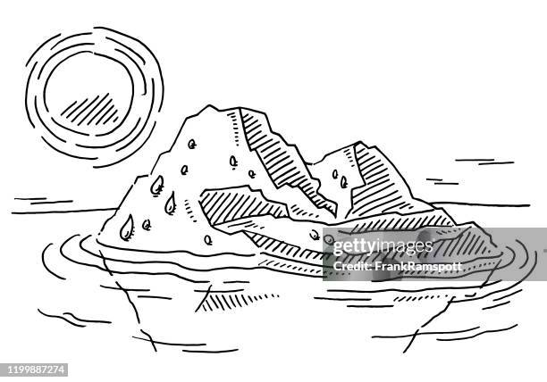 melting iceberg ocean sun drawing - climate change ice stock illustrations