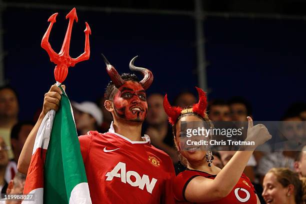 Fans cheer as the Manchester United take on the MLS All-Stars during the MLS All-Star Game at Red Bull Arena on July 27, 2011 in Harrison, New...