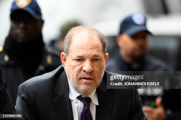 Harvey Weinstein arrives at the Manhattan Criminal Court, on February 10, 2020 in New York City. Since testimony began on January 22,2020 six women...