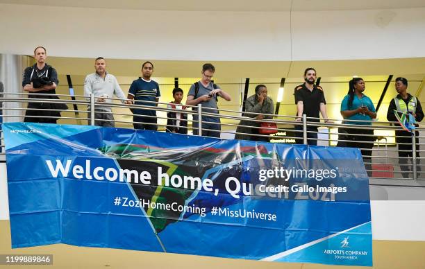 Miss Universe winner, Tunzi Zozibini fans at the Miss Universe Official Homecoming Welcome at the OR Tambo International Airport on February 08, 2020...