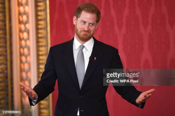 Prince Harry, Duke of Sussex, the Patron of the Rugby Football League hosts the Rugby League World Cup 2021 draws at Buckingham Palace on January 16,...