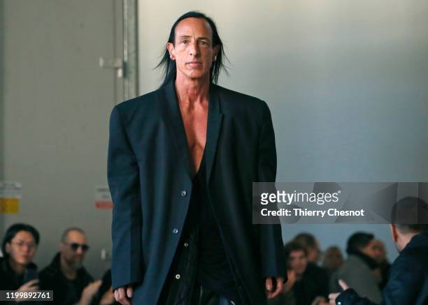 Designer Rick Owens acknowledges the audience at the end of the Rick Owens Menswear Fall/Winter 2020-2021 show as part of Paris Fashion Week on...