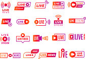 Live stream badges. Video broadcasting shows digital online text templates live news vector stickers collection