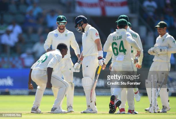 South Africa bowler Kagiso Rabada celebrates after bowling England batsman Joe Root during Day One of the Third Test between England and South Africa...