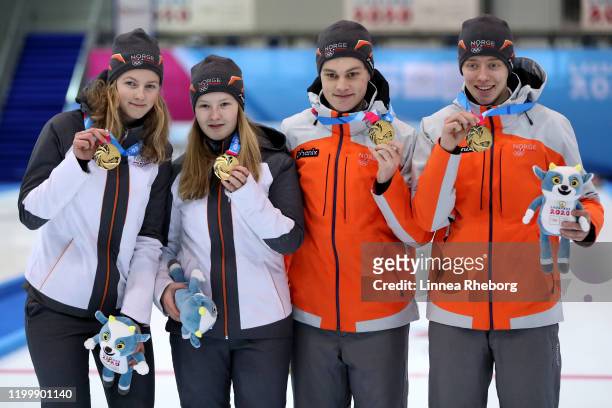 Gold medalist team Norway pose for a photo after the Mixed Team Finals event in curling during day 7 of the Lausanne 2020 Winter Youth Olympics at...