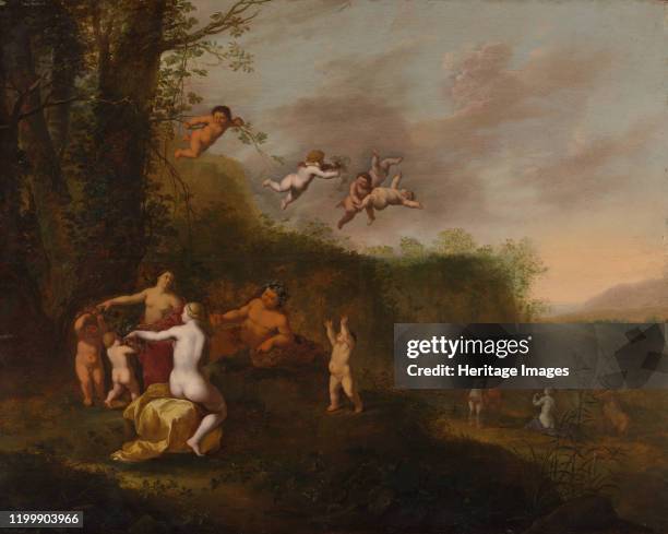 Bacchus and Nymphs in a Landscape, probably 1640s. Artist Abraham van Cuylenborch.