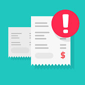 Fraud payment rejected or pay declined caution notification vector illustration flat, bill or invoice receipt with exclamation alert or transaction verification isolated, bad money transfer